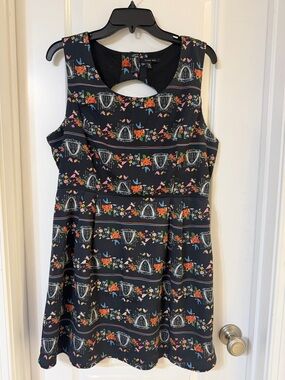Black Fit-and-Flare Dress with Floral & Bird Stripe Print